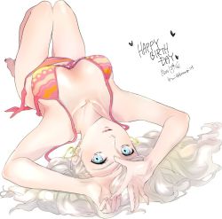 Rule 34 | 1girl, arms up, bikini, blonde hair, blue eyes, breasts, breasts apart, earrings, front-tie bikini top, front-tie top, heart, heart earrings, jewelry, knees together feet apart, komugi (mugiwaraclub), large breasts, looking at viewer, lying, multicolored bikini, multicolored clothes, nail polish, on back, parted lips, persona, persona 5, pink lips, solo, swimsuit, takamaki anne, thigh gap, toenail polish, toenails, twintails, twitter username, untied bikini