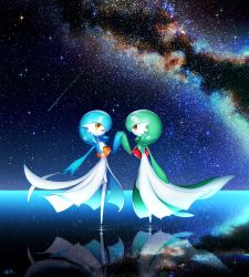 Rule 34 | 2girls, alternate color, blue hair, blue skin, bob cut, closed mouth, colored skin, creatures (company), dated, eye contact, female focus, flat chest, full body, galaxy, game freak, gardevoir, gardevoir day, gen 3 pokemon, green hair, green skin, hair over one eye, hand up, happy, highres, holding hands, horizon, interlocked fingers, leg up, looking at another, lotosu, multicolored skin, multiple girls, night, night sky, nintendo, on water, open mouth, orange eyes, outdoors, pokemon, pokemon (creature), profile, red eyes, reflection, ripples, shiny and normal, shiny pokemon, shooting star, short hair, sky, smile, standing, standing on one leg, star (sky), starry sky, two-tone skin, water, white skin