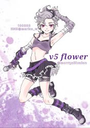 Rule 34 | 1girl, asymmetrical gloves, bandages, belt, bike shorts, black skirt, borrowed design, commentary, cropped legs, emu (marico w), english commentary, flower (vocaloid), gloves, highres, looking at viewer, microphone, midriff, multicolored hair, nail polish, navel, purple belt, purple eyes, purple nails, purple shirt, shirt, shorts, shorts under skirt, skirt, socks, streaked hair, striped clothes, striped legwear, striped socks, twitter username, uneven gloves, vocaloid, white hair