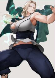Rule 34 | 1girl, absurdres, bad id, bad twitter id, blonde hair, breasts, brown eyes, cleavage, collarbone, facial mark, forehead, forehead mark, highres, incoming attack, incoming punch, large breasts, long hair, looking at viewer, midriff peek, naruto, naruto (series), parted bangs, punching, simple background, solo, tsunade (naruto), yoshio (55level)