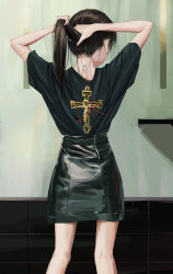 Rule 34 | 1girl, absurdres, arms up, black shirt, brown hair, child, cross, crucifix, crucifixion, english text, facing away, feet out of frame, from behind, gishiki (gshk), high-waist skirt, highres, holding, holding hair, indoors, jesus, leather skirt, long hair, miniskirt, nape, original, own hands together, ponytail, shirt, short sleeves, skirt, solo, standing, tattoo, tying hair
