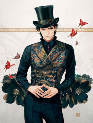 Rule 34 | 1boy, aqua eyes, art deco, black flower, black hair, black headwear, black pants, black shirt, blue vest, bug, butterfly, buttons, closed mouth, collared shirt, double-breasted, dress shirt, earrings, facing viewer, fingernails, floral background, flower, formal, hat, high collar, insect, jewelry, jitome, lapels, light smile, long sleeves, looking afar, male focus, messy hair, mole, mole under mouth, necklace, original, own hands together, pant suit, pants, patterned clothing, red butterfly, shade, shirt, simple background, steepled fingers, suda ayaka, suit, top hat, vest, white background