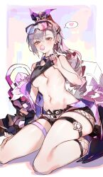 Rule 34 | 1girl, absurdres, bare arms, bare shoulders, black shorts, black tank top, breasts, blowing bubbles, cocoballking, commentary, crop top, grey eyes, grey hair, hair ribbon, highres, honkai: star rail, honkai (series), looking at viewer, medium breasts, midriff, navel, ponytail, purple ribbon, ribbon, short shorts, shorts, silver wolf (honkai: star rail), sitting, solo, stomach, symbol-only commentary, tank top, thigh strap, thighs, underboob, wariza