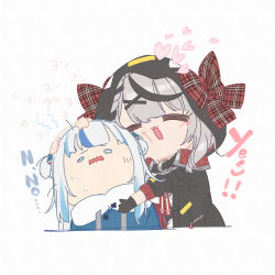 Rule 34 | 2girls, absurdres, afterimage, animal hood, asymmetrical hair, black gloves, black hair, black jacket, blue hair, blue hoodie, blush, bow, braid, cheek squash, chibi, closed eyes, commentary, english text, french braid, gawr gura, gloves, goshichi shoji, hair ornament, heart, highres, hololive, hololive english, hood, hood up, hoodie, hug, jacket, medium hair, messy hair, motion lines, multicolored hair, multiple girls, nervous, open mouth, orca hood, petting, plaid, plaid bow, red bow, sakamata chloe, shark hair ornament, short hair, short twintails, silver hair, simple background, single braid, single glove, smile, streaked hair, sweatdrop, translated, twintails, two-sided fabric, two-sided jacket, two-tone hair, two side up, upper body, virtual youtuber, wavy mouth, white background, x hair ornament