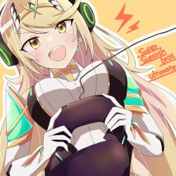 Rule 34 | 1girl, bare shoulders, black pantyhose, blonde hair, breasts, cherubi nbo, controller, dangle earrings, dress, drop earrings, earrings, elbow gloves, game controller, gloves, headphones, highres, holding, holding controller, holding game controller, jewelry, knee up, large breasts, long hair, microdress, mythra (massive melee) (xenoblade), mythra (xenoblade), neon trim, nintendo, nintendo switch pro controller, pantyhose, solo, super smash bros., swept bangs, tiara, very long hair, white dress, white gloves, wire, xenoblade chronicles (series), xenoblade chronicles 2, yellow eyes