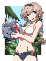 Rule 34 | 1girl, 547th sy, abyssal ship, ball, bikini, black shorts, braid, breasts, cleavage, commentary request, cowboy shot, enemy naval mine (kancolle), grey eyes, hair ornament, highres, holding, kantai collection, light brown hair, long hair, looking at viewer, medium breasts, official alternate costume, propeller hair ornament, short shorts, shorts, solo, swimsuit, teeth, teruzuki (kancolle), twin braids, white bikini
