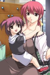 Rule 34 | 2girls, :d, :o, age difference, aged up, anicd, apron, arms around neck, ass, ass grab, bag, blush, bottle, breasts, brown eyes, calendar (object), chest of drawers, child, cleavage, ending, fingernails, game cg, gloves, hair ornament, hair ribbon, hairclip, handbag, hood, hoodie, housewife, hug, indoors, kim kwang hyun, kisetsu no hanayome, lace, large breasts, long fingernails, long hair, looking at viewer, looking back, low ponytail, mature female, mother and daughter, multiple girls, on floor, open mouth, ponytail, purple hair, red hair, ribbon, shoes, shopping bag, short hair, short sleeves, shorts, side ponytail, sitting, smile, sneakers, socks, spoilers, straddling, tile floor, tiles, upright straddle, window, yukishiro hazuna