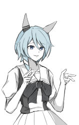 Rule 34 | 1girl, absurdres, animal ears, blue eyes, blue hair, commentary request, ear covers, greyscale, hair between eyes, highres, horse ears, horse girl, k.s.miracle (umamusume), looking at viewer, miya nns35, monochrome, pleated skirt, puffy short sleeves, puffy sleeves, school uniform, short hair, short sleeves, simple background, skirt, smile, solo, spot color, summer uniform, tracen school uniform, umamusume, upper body, white background