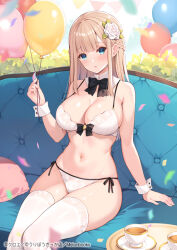 Rule 34 | 1girl, armpit crease, balloon, bare arms, bare shoulders, blonde hair, blue eyes, bow, bowtie, bra, braid, breasts, cameltoe, chaise longue, cleavage, confetti, couch, cup, detached collar, flower, front-tie bra, front-tie top, hair flower, hair ornament, hand up, holding, holding balloon, kuroe (sugarberry), large breasts, legs, lingerie, long hair, looking at viewer, melonbooks, navel, on couch, original, panties, parted lips, rose, side-tie panties, sidelocks, sitting, solo, stomach, strap gap, string bra, string panties, teacup, thighhighs, thighs, underwear, underwear only, white bra, white thighhighs, wrist cuffs