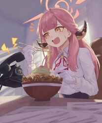 Rule 34 | 1girl, aru (blue archive), blue archive, blush, brown horns, chopsticks, collared shirt, corded phone, demon horns, food, gloves, halo, highres, holding, holding chopsticks, horns, long hair, long sleeves, neck ribbon, noodles, open mouth, phone, pink hair, pink halo, ramen, red ribbon, ribbon, ryoha kosako, shirt, solo, white gloves, white shirt, yellow eyes