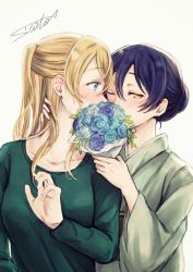 Rule 34 | 10s, 2girls, alternate hairstyle, aqua shirt, ayase eli, blonde hair, blue eyes, blue flower, blue hair, blue rose, blush, bouquet, censored kiss, collarbone, covering face, earrings, flower, green shirt, grey kimono, hair between eyes, hair bun, hair up, half-closed eye, half updo, hand on another&#039;s neck, hand up, highres, implied kiss, japanese clothes, jewelry, kimono, long hair, long sleeves, looking at viewer, love live!, love live! school idol project, multiple girls, one eye closed, ponytail, rose, shirt, signature, simple background, single hair bun, sonoda umi, suito, uneven eyes, upper body, white background, white kimono, wide sleeves, yellow eyes, yuri