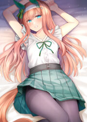 Rule 34 | 1girl, animal ears, bed sheet, black pantyhose, blue eyes, blush, collared shirt, commentary, green skirt, horse ears, horse girl, horse tail, jewelry, long hair, looking at viewer, lying, necklace, on back, open mouth, orange hair, pantyhose, pleated skirt, revision, rui shi (rayze ray), shirt, short sleeves, silence suzuka (umamusume), skirt, smile, solo, tail, umamusume, white shirt