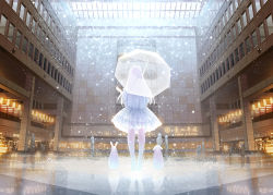 Rule 34 | 1girl, animal, dress, facing away, from behind, holding, holding umbrella, indoors, light particles, long hair, looking up, original, pantyhose, people, rabbit, real world location, reflective floor, ritsuki, scenery, solo focus, standing, sunlight, transparent, transparent umbrella, umbrella, white dress, white hair, white pantyhose