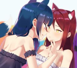 Rule 34 | 2girls, :q, animal ear fluff, animal ears, blue hair, breasts, cat ears, cleavage, closed mouth, collarbone, couple, eye contact, hair intakes, highres, long hair, looking at another, love live!, love live! sunshine!!, medium breasts, multiple girls, red eyes, red hair, sakurauchi riko, sellel, shoulder blades, strapless, tail, tongue, tongue out, tsushima yoshiko, upper body, white background, wolf ears, wolf tail, yellow eyes, yuri