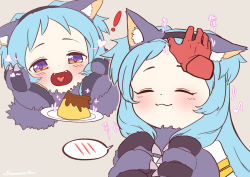 Rule 34 | !, 1girl, :3, :d, animal ear fluff, animal ears, animal hands, blue hair, blush, bow, closed eyes, ear down, food, fur collar, gloves, grey background, hair bow, hairband, hand on another&#039;s head, hands up, headpat, heart, heart in mouth, highres, miyako (halloween) (princess connect!), miyako (princess connect!), mountain han, musical note, open mouth, paw gloves, plate, princess connect!, pudding, purple eyes, red bow, signature, simple background, smile, solo, spoken blush