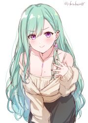 Rule 34 | 1girl, absurdres, aqua hair, black nails, black skirt, blush, breasts, cleavage, earrings, fuusuke (fusuke208), hand up, highres, jewelry, leaning forward, long hair, looking at viewer, medium breasts, mole, mole on breast, nail polish, necklace, off-shoulder sweater, off shoulder, purple eyes, skirt, sleeves past wrists, smile, solo, sweater, twitter username, upper body, very long hair, virtual youtuber, vspo!, wavy hair, white background, yakumo beni