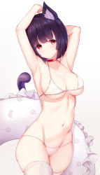 Rule 34 | 1girl, airool, animal ear fluff, animal ears, armpits, arms up, azur lane, bare arms, bare shoulders, bikini, black hair, blush, breasts, brown background, cat ears, cat girl, cat tail, choker, cleavage, closed mouth, collarbone, commentary request, frilled innertube, gradient background, head tilt, highres, innertube, medium breasts, navel, red choker, red eyes, short hair, skindentation, solo, swim ring, swimsuit, tail, tail raised, thighhighs, white background, white bikini, white innertube, white thighhighs, yamashiro (azur lane)