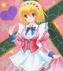 Rule 34 | 1girl, alice margatroid, alternate costume, apron, arm up, bad id, bad pixiv id, blonde hair, blue eyes, blush stickers, bow, breasts, brooch, enmaided, female focus, fingernails, hairband, heart, index finger raised, jewelry, large breasts, long sleeves, looking at viewer, maid, maid apron, marker (medium), millipen (medium), munmu, pink background, puffy sleeves, short hair, skirt hold, smile, solo, star (symbol), striped, striped background, touhou, traditional media, vest, wrist cuffs