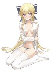 Rule 34 | 1girl, absurdres, blonde hair, blush, bow, breasts, chinese commentary, collarbone, commentary, commission, hair bow, highres, long hair, looking at viewer, luozhou pile, naked shirt, navel, no bra, no shoes, open clothes, open shirt, original, panties, parted lips, pixiv commission, purple eyes, shirt, simple background, sitting, small breasts, solo, striped clothes, striped panties, thighhighs, underwear, very long hair, wariza, white background, white shirt, white thighhighs, zettai ryouiki