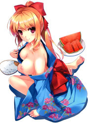 Rule 34 | 1girl, barefoot, blonde hair, blush, bow, breasts, brown eyes, character request, clothes lift, comic aun, copyright request, detexted, feet, floral print, food, fruit, hair bow, hand fan, highres, japanese clothes, kimono, kimono lift, kimono pull, long hair, looking at viewer, misaki kurehito, nipples, open clothes, paper fan, plate, ponytail, purple eyes, simple background, sitting, smile, solo, third-party edit, uchiwa, watermelon, white background, yokozuwari