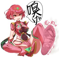 Rule 34 | 1girl, absurdres, ddrysuper, feet, foot focus, highres, looking at viewer, medium hair, open mouth, pink thighhighs, pyra (xenoblade), red eyes, red hair, shaded face, soles, steam, thighhighs, translated, xenoblade chronicles (series), xenoblade chronicles 2