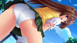 Rule 34 | 1girl, artist request, blush, brown hair, cameltoe, cloud, collared shirt, dot nose, from below, game cg, happening love!!, leg up, long hair, looking at viewer, looking back, open mouth, outdoors, panties, plaid, plaid skirt, pleated skirt, railing, school uniform, shimizu haruka, shirt, short sleeves, skirt, sky, solo, sweater vest, thighs, tree, underwear, vest, white panties, white shirt, yellow vest