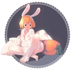 Rule 34 | 1girl, animal ears, barefoot, blonde hair, carrot, carrot (one piece), feet, female focus, furry, furry female, marmaladica, one piece, pale skin, panties, pillow, rabbit ears, rabbit girl, rabbit tail, short hair, solo, tail, transparent background, underwear