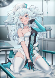 Rule 34 | 1girl, asymmetrical clothes, black gloves, blue eyes, blue hair, breasts, choker, florence (neural cloud), girls&#039; frontline, girls&#039; frontline neural cloud, gloves, hat, highres, holding, holding syringe, holding thermometer, indoors, light blue hair, long hair, nurse, nurse cap, one eye closed, pa-15 (girls&#039; frontline), persocon93, small breasts, solo, syringe, thermometer, thighhighs, two side up, white choker, white thighhighs