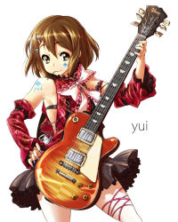 Rule 34 | 1girl, bare shoulders, bodypaint, brown eyes, brown hair, candy, character name, cosplay, detached sleeves, electric guitar, artistic error, facepaint, food, frills, gibson les paul, guitar, hair ornament, hairclip, hirasawa yui, instrument, k-on!, lollipop, mouth hold, nail polish, nekomamire, purple nails, short hair, simple background, smile, solo, spade, white background