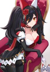 Rule 34 | 1girl, absurdres, black hair, bow, breasts, cape, card, chair, choker, cleavage, cup, elbow gloves, flower, gloves, hair bow, hair flower, hair ornament, highres, hololive, lace, lace choker, large breasts, long hair, miofa (ookami mio), multicolored hair, official alternate costume, oksuri, ookami mio, ookami mio (wonderland), orange eyes, playing card, red hair, smile, streaked hair, tail, teacup, twintails, virtual youtuber, wolf tail