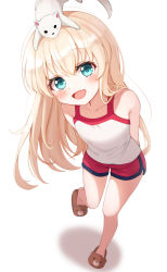 Rule 34 | 1girl, :d, absurdres, animal, animal on head, animal slippers, arms behind back, bad id, bad pixiv id, bear slippers, blonde hair, blue eyes, brown footwear, collarbone, ferret, from above, full body, gya (144), highres, kumagorou, long hair, looking at viewer, on head, open mouth, red shorts, shirt, shorts, simple background, sleeveless, slippers, smile, standing, standing on one leg, takanashi misha, tank top, uchi no maid ga uzasugiru!, white background, white shirt