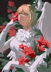 Rule 34 | 1girl, absurdres, blonde hair, brown background, chinese commentary, commentary request, dungeon meshi, expressionless, falin touden, falin touden (chimera), feathered wings, feathers, flower, hand up, highres, holding, holding flower, leaf, looking at viewer, monster girl, parted lips, red flower, short hair, solo, spoilers, thetides, upper body, white wings, wings, yellow eyes