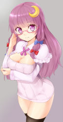 Rule 34 | 1girl, alternate costume, bespectacled, black thighhighs, blush, breasts, capelet, chiroshiron, cleavage, crescent, crescent hair ornament, female focus, glasses, hair ornament, hair ribbon, highres, large breasts, long hair, long sleeves, looking at viewer, naked sweater, patchouli knowledge, purple eyes, purple hair, red-framed eyewear, ribbed sweater, ribbon, solo, sweater, thighhighs, touhou, tress ribbon, very long hair, zettai ryouiki