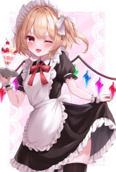 Rule 34 | 1girl, ;d, alternate costume, apron, black shirt, black skirt, black thighhighs, blonde hair, cowboy shot, enmaided, fang, flandre scarlet, floating hair, frilled apron, frilled skirt, frills, highres, holding, holding plate, long hair, looking at viewer, maid, maid headdress, miniskirt, naarsann, neck ribbon, one eye closed, open mouth, parfait, plate, red eyes, red ribbon, ribbon, shirt, short sleeves, side ponytail, skirt, skirt hold, smile, solo, standing, thighhighs, touhou, white apron, wings