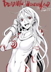 Rule 34 | 1girl, albino, bodysuit, breasts, collar, colored eyelashes, copyright name, deadman wonderland, gloves, highres, kataoka jinsei, long hair, looking at viewer, mittens, navel, open mouth, red eyes, shiro (deadman wonderland), simple background, skin tight, smile, solo, very long hair, white hair