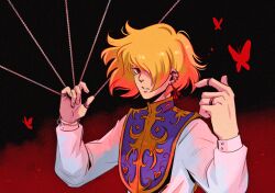 Rule 34 | 1boy, androgynous, andythelemon, blonde hair, bug, butterfly, chain, earrings, eyebrows, eyelashes, highres, hunter x hunter, insect, jewelry, kurapika, looking at viewer, male focus, one eye covered, pale skin, piercing, red background, red eyes, ring, solo