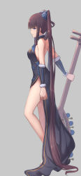 Rule 34 | 1girl, absurdly long hair, bare legs, black dress, black sleeves, brown hair, closed mouth, detached sleeves, dress, fate/grand order, fate (series), from side, full body, fur-trimmed sleeves, fur trim, grey background, highres, holding, holding instrument, instrument, long hair, pepeo, profile, purple eyes, side slit, simple background, sleeveless, sleeveless dress, smile, solo, standing, twintails, very long hair, yang guifei (fate), yang guifei (second ascension) (fate)