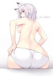 Rule 34 | 1girl, akizora momiji, animal ears, ass, breasts, butt crack, fang, from behind, hand on own ass, hashtag, highres, long hair, looking at viewer, looking back, medium breasts, panties, pink eyes, purple hair, short hair, simple background, sitting, solo, topless, underwear, white background, white panties