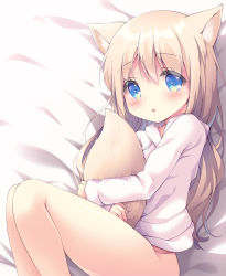 Rule 34 | 1girl, :o, animal ear fluff, animal ears, bed sheet, blue eyes, blush, bottomless, commentary request, fingernails, fox ears, fox girl, fox tail, hair between eyes, hood, hood down, hoodie, hugging own tail, hugging tail, light brown hair, long hair, long sleeves, looking at viewer, lying, on side, original, parted lips, satsuki yukimi, sleeves past wrists, solo, tail, very long hair, white hoodie