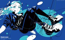 Rule 34 | 1girl, black pants, blue eyes, blue jacket, blue theme, blunt bangs, circle, highres, horns, jacket, knees up, long hair, original, pants, parted lips, shirt tucked in, shoes, solo, square, tree 13, white hair