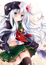 Rule 34 | 1girl, :/, ahoge, arm up, black jacket, black thighhighs, blue eyes, cherry blossoms, closed mouth, collarbone, cosplay, crescent, dutch angle, expressionless, flat cap, floating hair, green skirt, hair ornament, hairpin, hand on forehead, hat, hibiki (kancolle), holding, holding clothes, holding hat, jacket, kantai collection, kisaragi (kancolle), kisaragi (kancolle) (cosplay), long hair, long sleeves, midriff peek, necktie, nogi takayoshi, open clothes, open jacket, petals, pleated skirt, red necktie, sailor collar, shirt, simple background, skirt, sleeves past wrists, solo, standing, thigh gap, thighhighs, thighs, unworn hat, unworn headwear, verniy (kancolle), very long hair, white hair, white hat, white shirt, zettai ryouiki