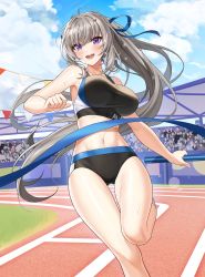 Rule 34 | 1girl, :d, absurdres, armpits, audience, bare arms, bare shoulders, black buruma, blue eyes, blue ribbon, breasts, buruma, controlline3, counter:side, crop top, day, floating hair, grey hair, hair ornament, hair ribbon, highres, large breasts, leg up, long hair, looking at viewer, midriff, navel, open mouth, outdoors, ponytail, ribbon, running, seo yoon, sleeveless, smile, solo, sports bra, stomach, sweat, thighs, track and field, very long hair