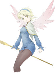 Rule 34 | 1girl, angel wings, blonde hair, breasts, breath of fire, breath of fire iv, cowboy shot, dress, green eyes, large breasts, looking at viewer, nina (breath of fire iv), pantyhose, short dress, short hair, simple background, solo, staff, taka yanagi, takayanagi (artist), white background, white wings, wings