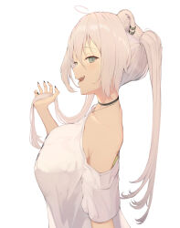Rule 34 | 1girl, ahoge, animal ears, bare shoulders, black nails, breasts, choker, ear piercing, fangs, grey eyes, grey hair, hair between eyes, highres, hololive, jewelry, large breasts, lion ears, lion girl, looking at viewer, loose clothes, loose shirt, low twintails, nail polish, necklace, official alternate hairstyle, piercing, piisu, shirt, shishiro botan, shishiro botan (casual), t-shirt, twintails, virtual youtuber, white shirt