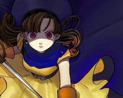 Rule 34 | 1girl, alena (dq4), belt, black belt, blue cape, brown hair, cape, curly hair, dragon quest, dragon quest iv, dress, earrings, floating cape, holding, holding weapon, jewelry, long hair, looking at viewer, okita (sukult 4), parted lips, red eyes, shaded face, solo, straight-on, weapon, yellow dress