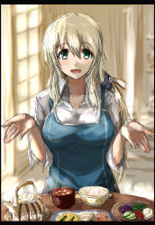 Rule 34 | apron, atago (kancolle), blonde hair, blue apron, border, breasts, food, food focus, green eyes, highres, kantai collection, long hair, meal, open mouth, seitei (04seitei), shirt, sketch, solo, white shirt