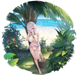 Rule 34 | 4girls, absurdres, artist request, azur lane, beach, bikini, blue choker, blue eyes, bracelet, breasts, choker, coconut tree, dead or alive, dead or alive xtreme, food, grass, groin, hair over eyes, highres, holding, holding food, ice cream, jewelry, large breasts, looking at viewer, luna (doa), luna (venus of the beach) (doa), mery (yangmalgage), multiple girls, navel, non-web source, ocean, official art, palm tree, panties, plant, stomach, swimsuit, thigh strap, thighs, transparent background, tree, underwear, white bikini, white footwear, white hair, white panties, wristband