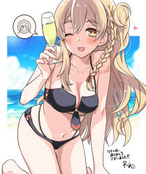 Rule 34 | 1girl, all fours, alternate costume, bikini, black bikini, blonde hair, braid, breasts, brown eyes, champagne flute, cleavage, collarbone, commission, cup, drinking glass, french braid, highres, horizon, kantai collection, large breasts, long hair, ocean, one eye closed, one side up, r-king, single braid, smile, solo, speech bubble, swimsuit, thick eyebrows, wavy hair, zara (kancolle)