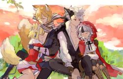 Rule 34 | 2boys, 2girls, animal ears, black hair, blonde hair, brown hair, closed mouth, closed eyes, father and daughter, fire emblem, fire emblem fates, fox ears, fox tail, from side, fur trim, gloves, grass, grey hair, hood, hood up, hug, japanese clothes, kaden (fire emblem), keaton (fire emblem), long hair, long sleeves, multicolored hair, multiple boys, multiple girls, nintendo, open mouth, pants, parted lips, red eyes, sasaki (dkenpisss), scarf, selkie (fire emblem), short hair, signature, sitting, streaked hair, tail, velouria (fire emblem), wolf ears