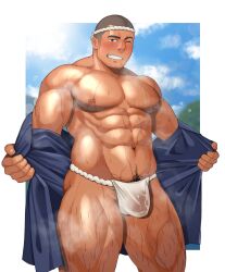 Rule 34 | 1boy, abs, armpit hair, armpit hair peek, bara, bare pectorals, blush, bright pupils, bulge, buzz cut, come hither, covered penis, feet out of frame, fundoshi, grey hair, grin, hachimaki, happi, headband, highres, japanese clothes, kansuke (kansuke 717), kimono, large pectorals, leg hair, long sideburns, looking at viewer, male focus, male pubic hair, mature male, muscular, muscular male, navel, navel hair, nipples, open clothes, open kimono, original, outstretched arms, pectorals, pubic hair, pubic hair peek, seductive smile, see-through, short hair, sideburns, smile, solo, sparse navel hair, spread arms, standing, stomach, strongman waist, summer festival, sweat, thick thighs, thighs, undressing, very short hair, very sweaty, wet, wet clothes, wet fundoshi